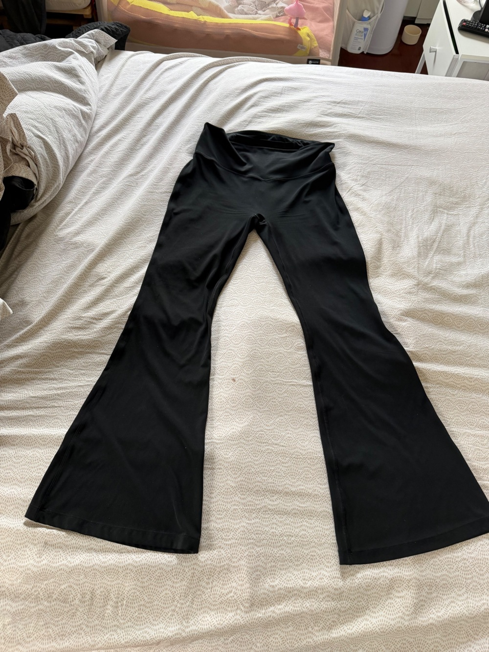 Black Flared Leggings with Fold-Over Waist